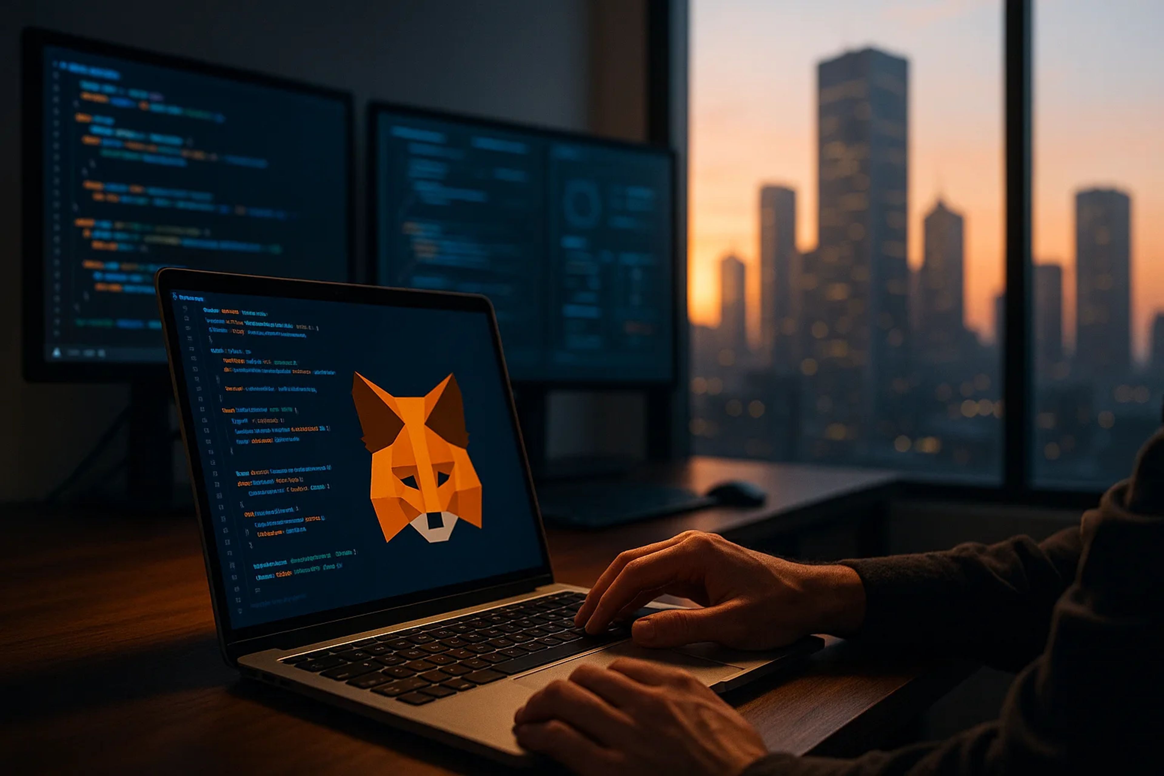 A person typing on a laptop with a fox graphic