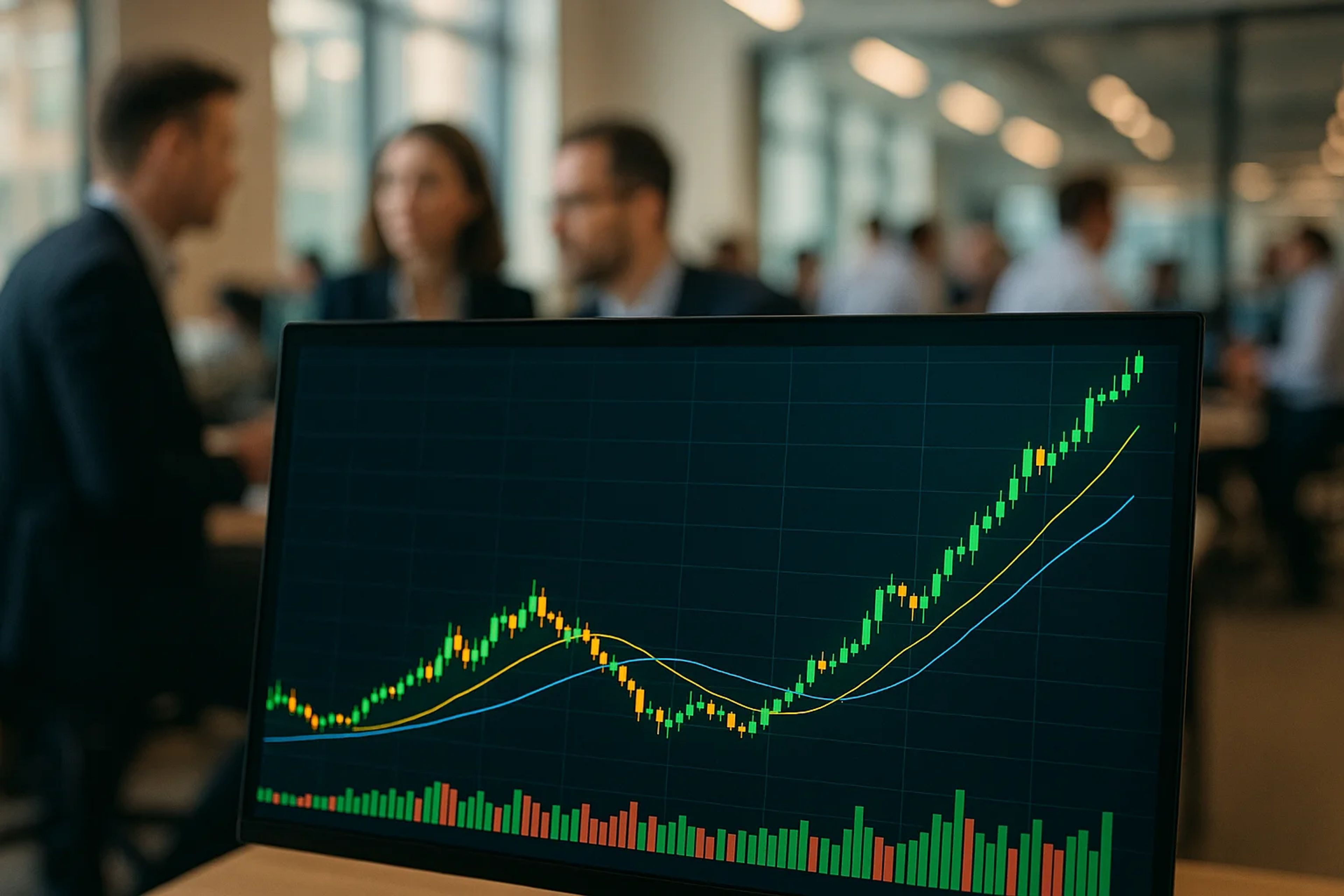 A computer screen displaying a rising stock