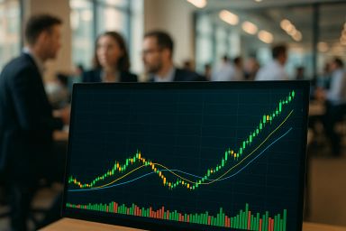 A computer screen displaying a rising stock