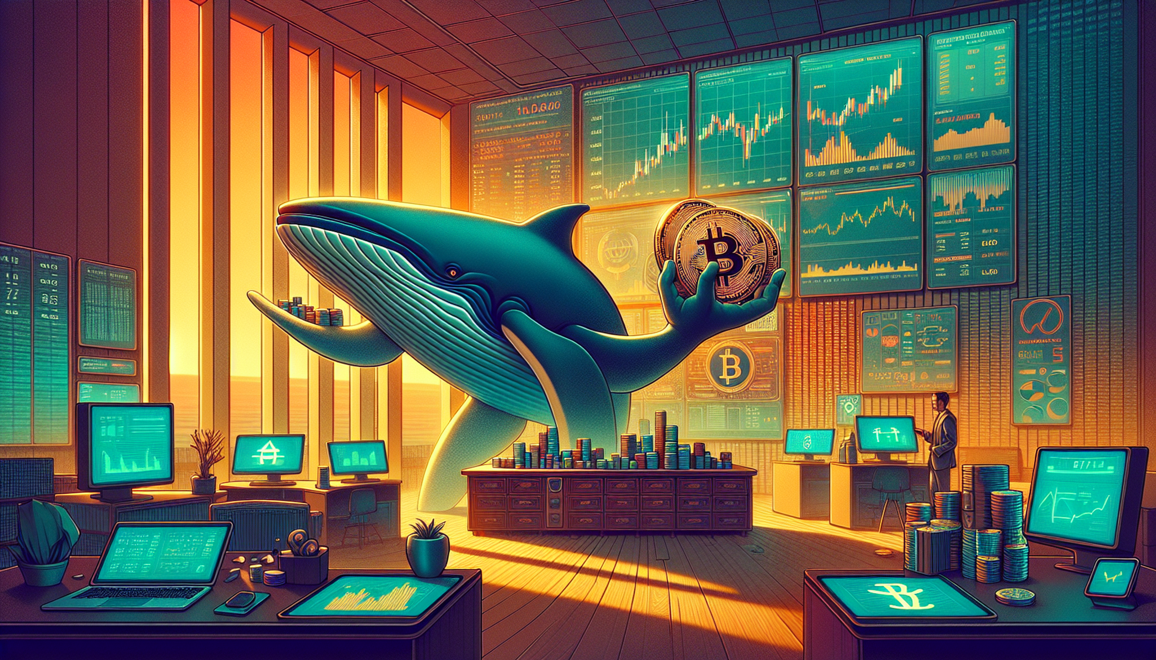 A large whale holding a Bitcoin in a trading room