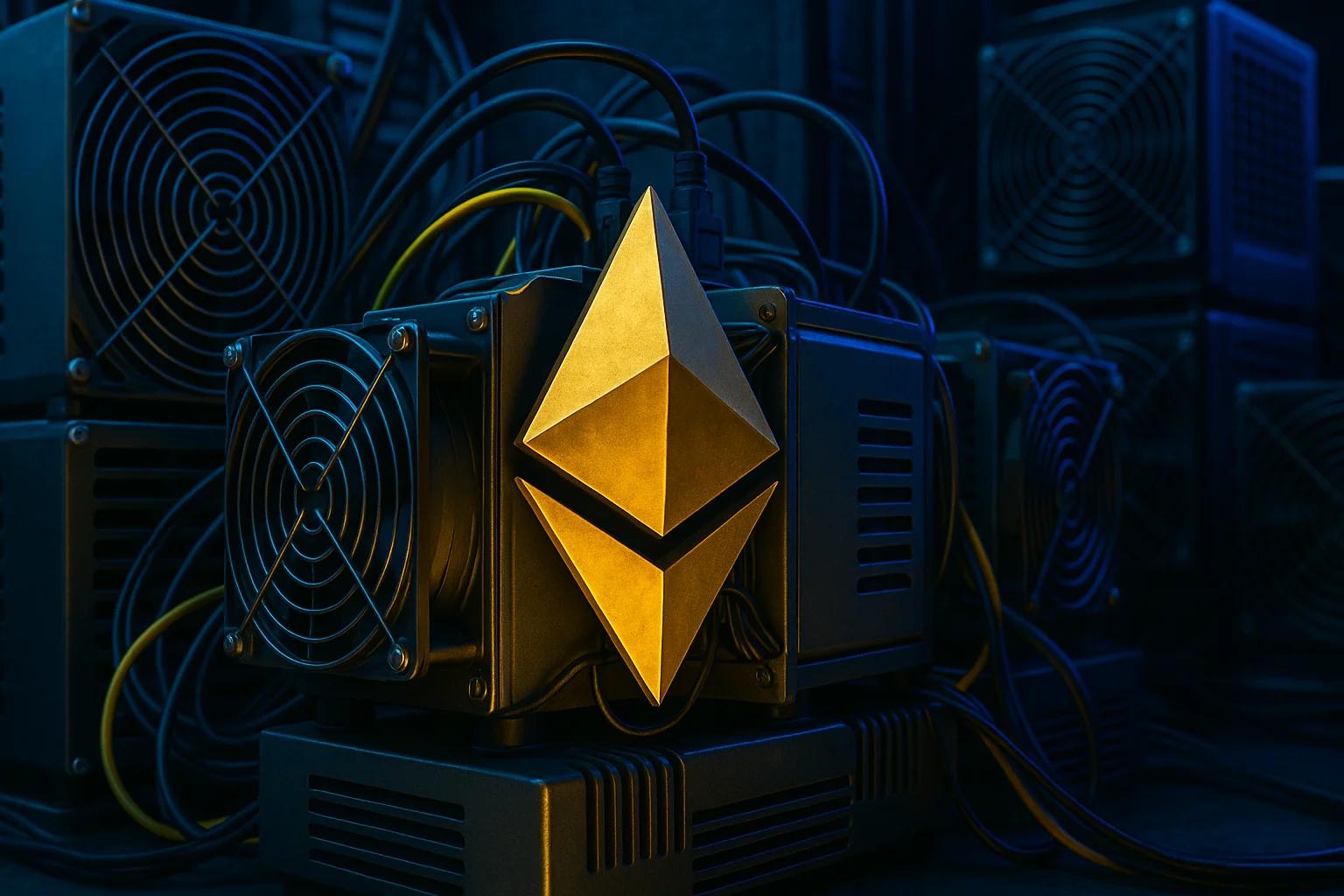 Golden Ethereum logo in front of dark mining