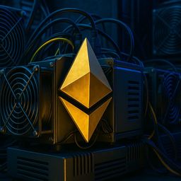 Golden Ethereum logo in front of dark mining