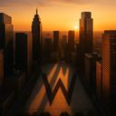 Sunset over a city skyline casting long shadows
