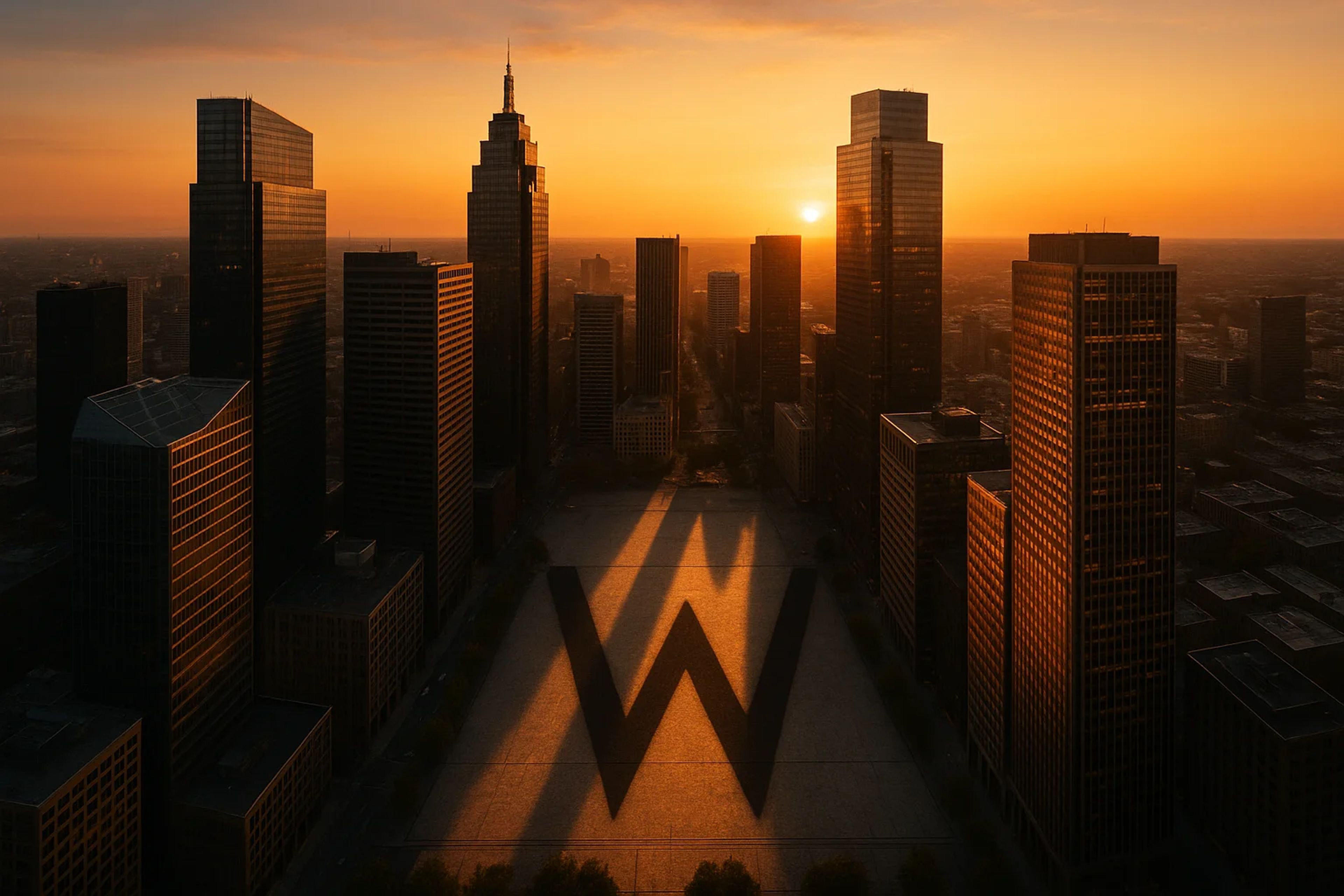 Sunset over a city skyline casting long shadows