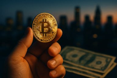 A hand holding a shiny Bitcoin with city skyline