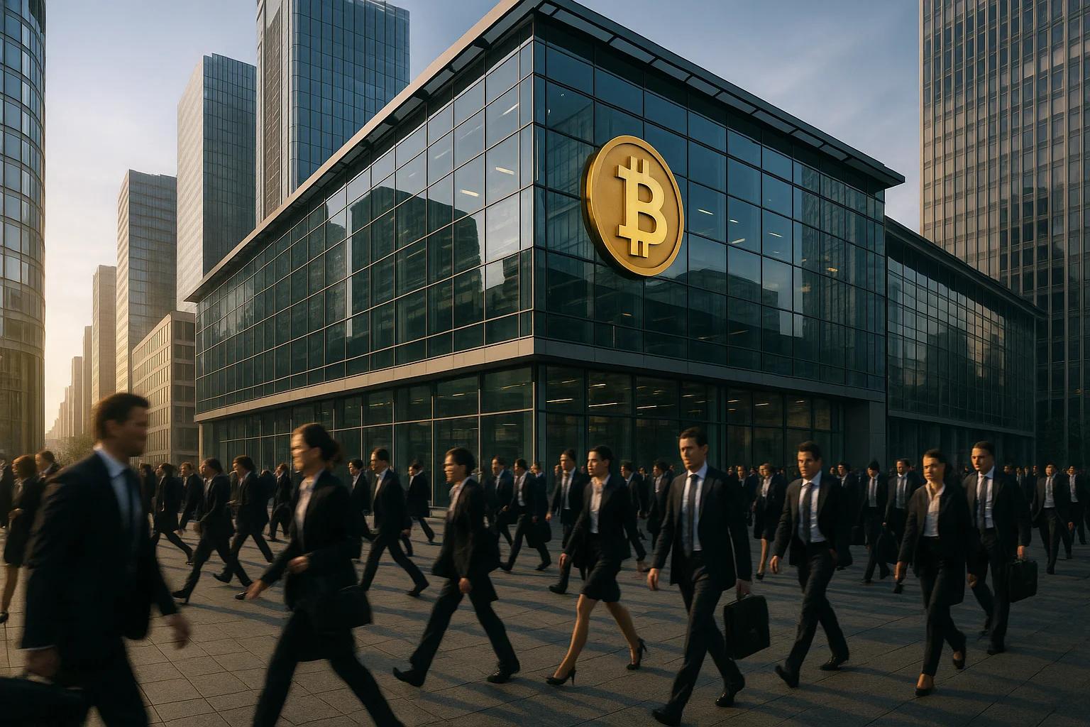 Crowd of business people walking past a modern