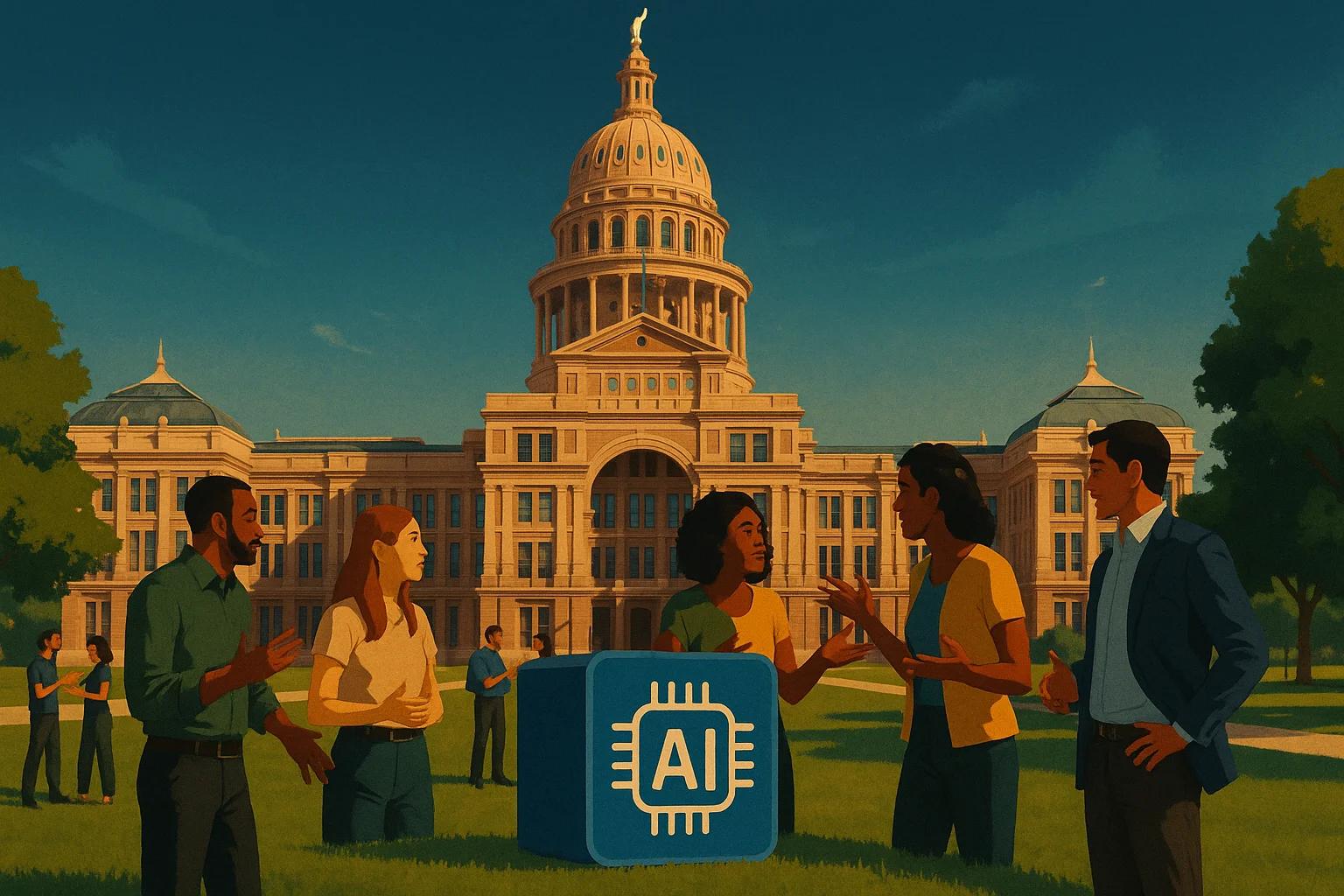 Group of people discussing in front of a large