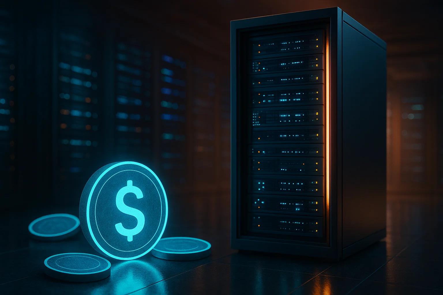 A glowing dollar sign next to a server rack in a