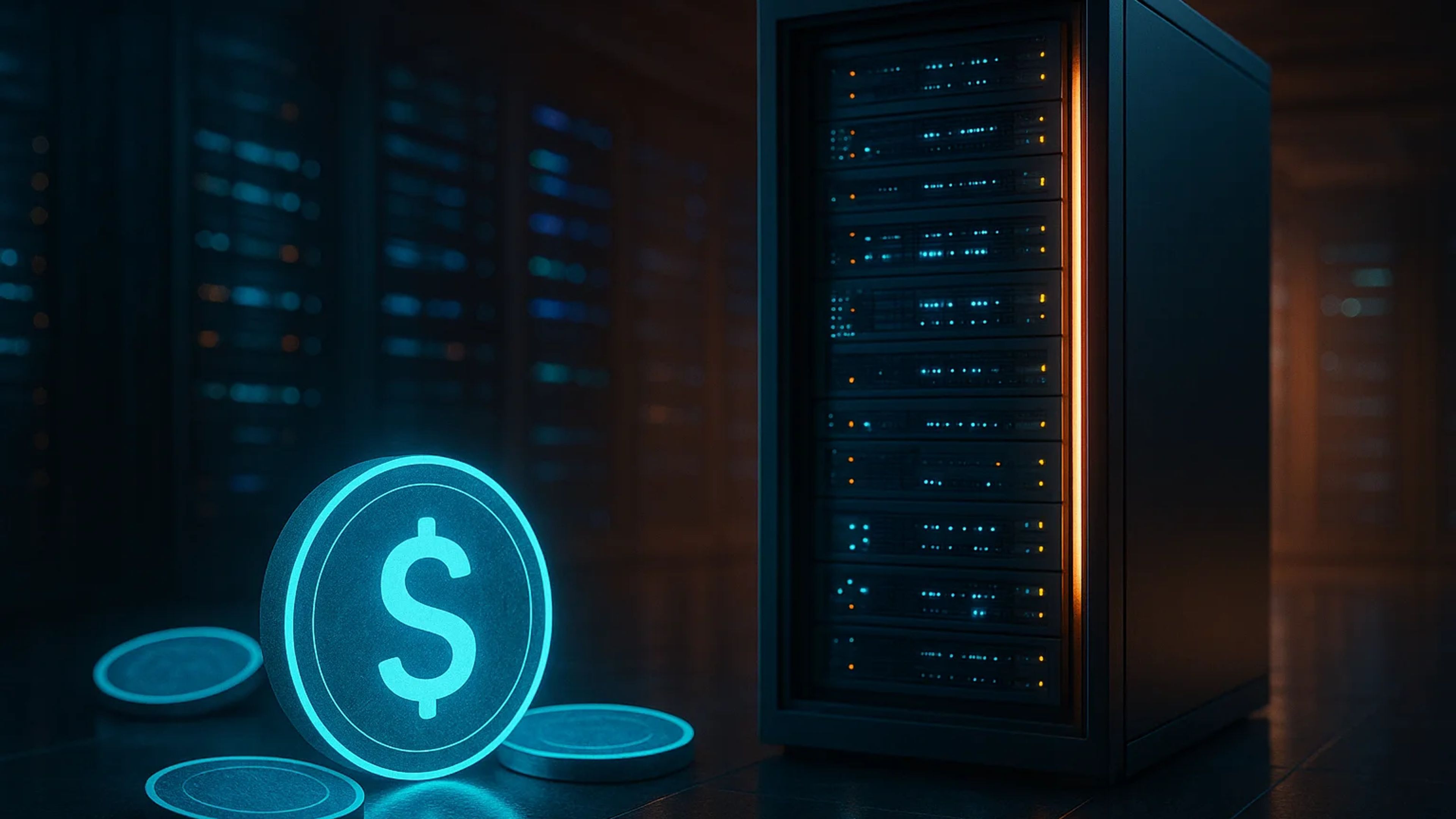 A glowing dollar sign next to a server rack in a