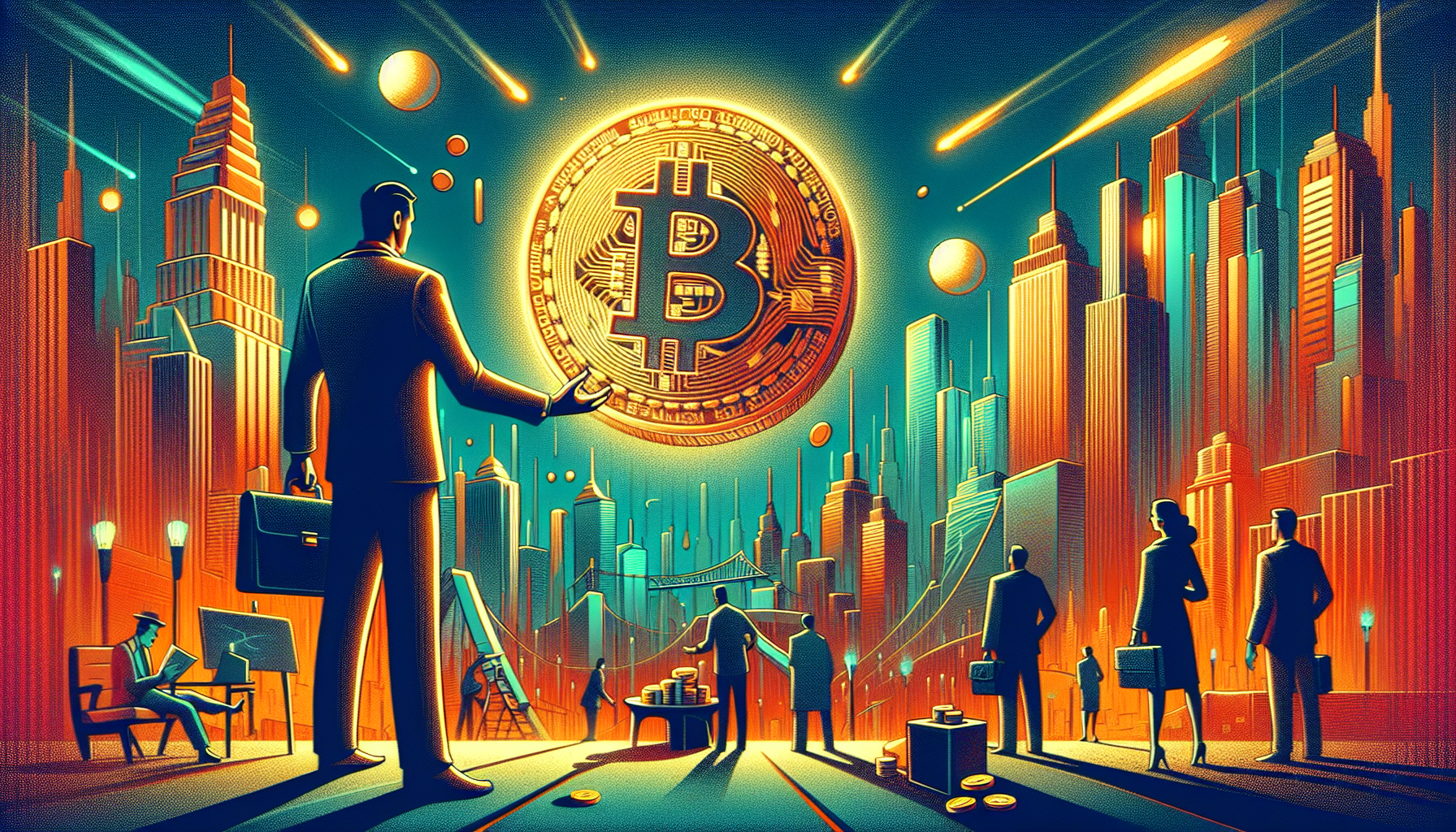 Silhouetted figures in a cityscape with a large