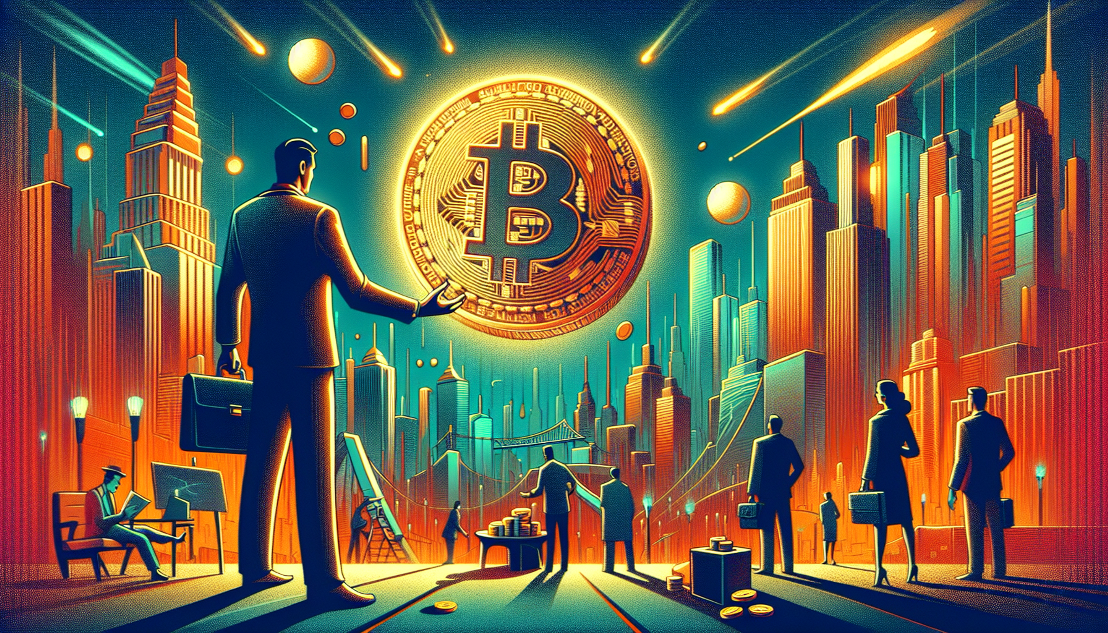 Silhouetted figures in a cityscape with a large