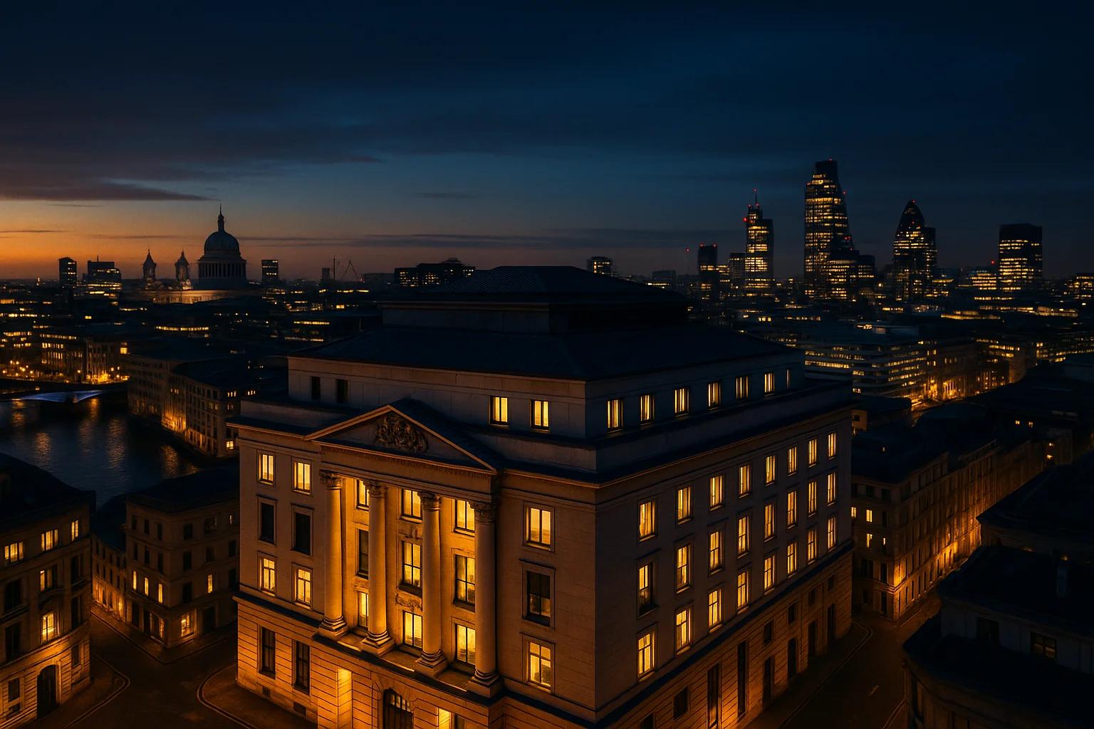 City skyline at dusk with illuminated buildings