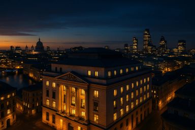 City skyline at dusk with illuminated buildings