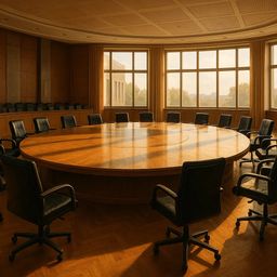 Large round wooden table surrounded by black