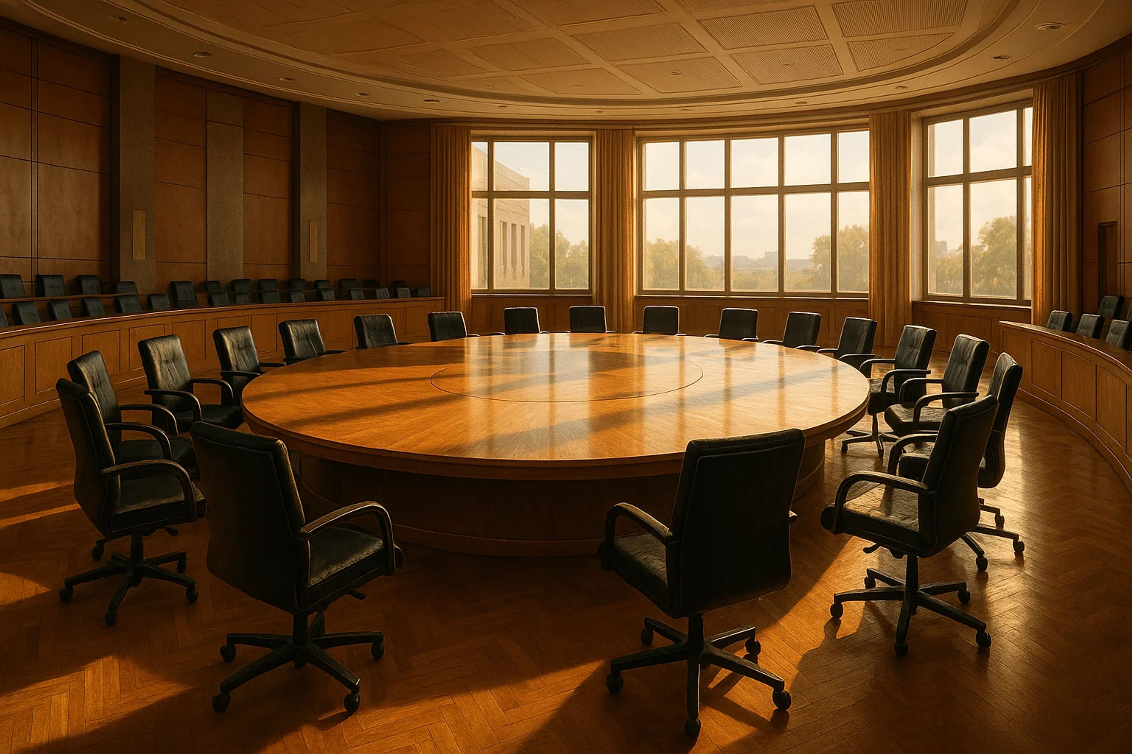 Large round wooden table surrounded by black