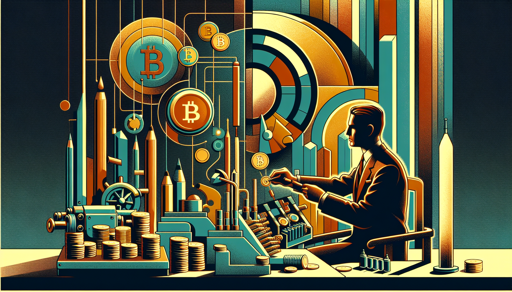 A stylized scene of a man working with Bitcoin