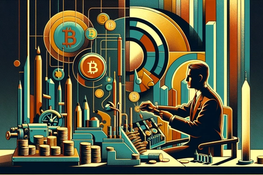 A stylized scene of a man working with Bitcoin