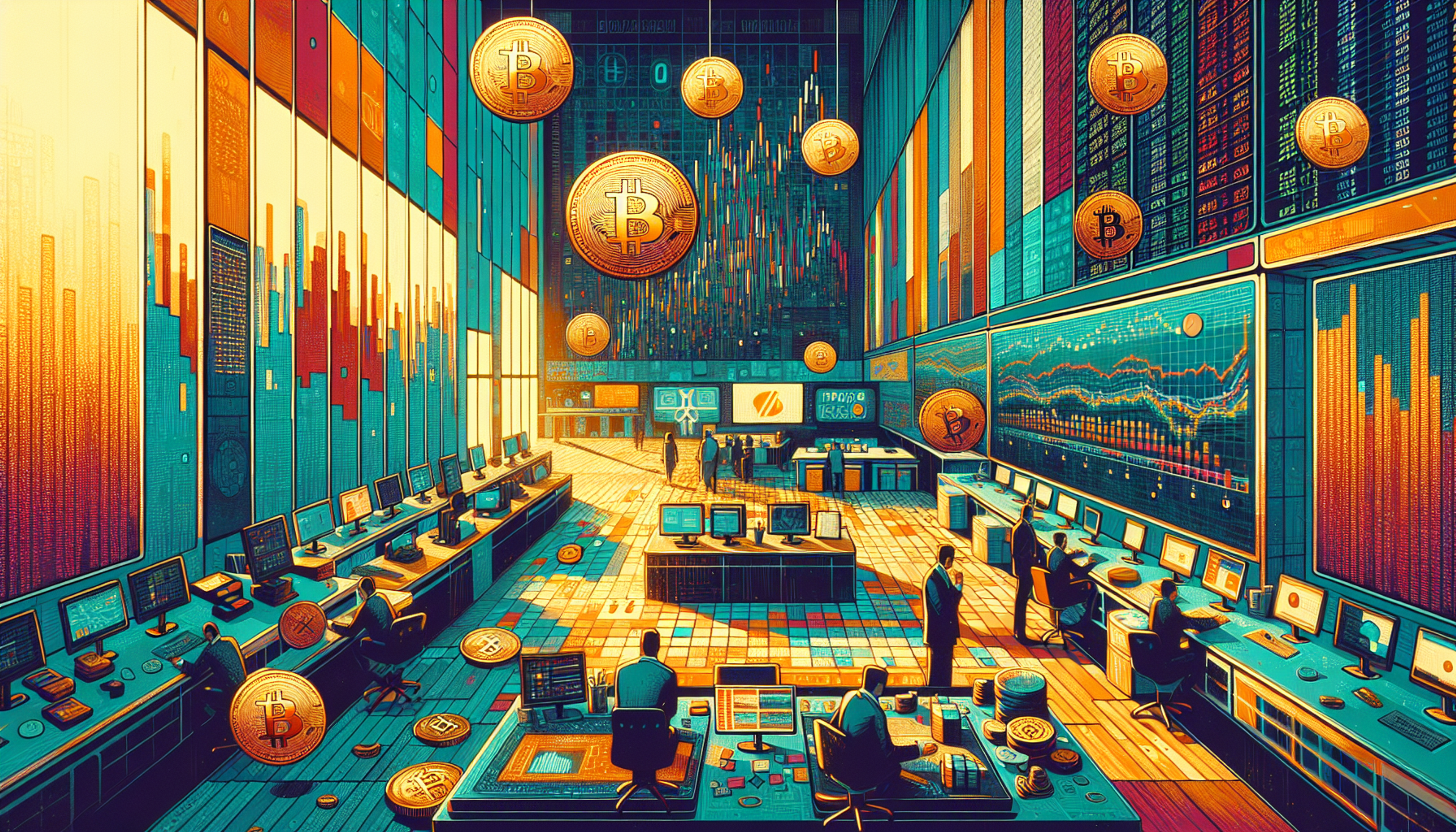 A vibrant trading room filled with monitors