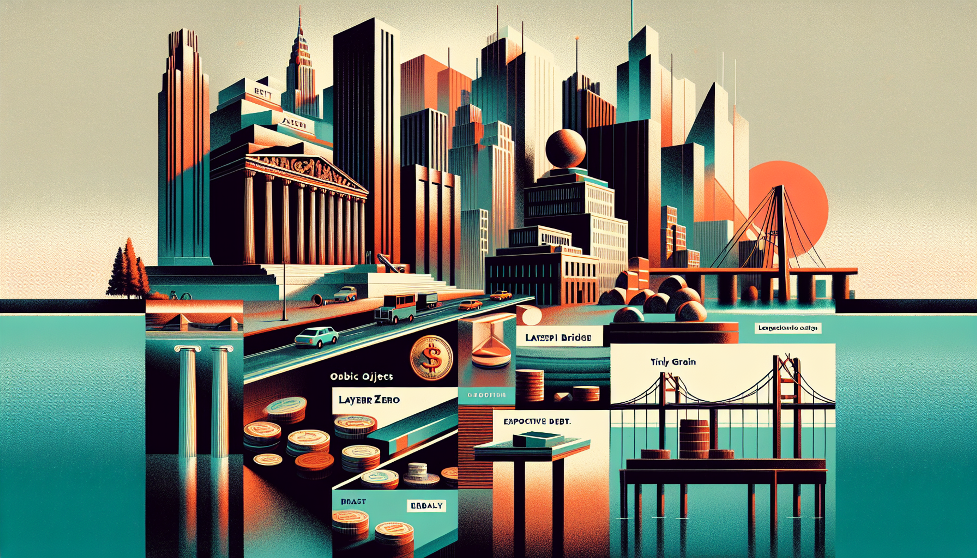 Stylized cityscape with skyscrapers and water