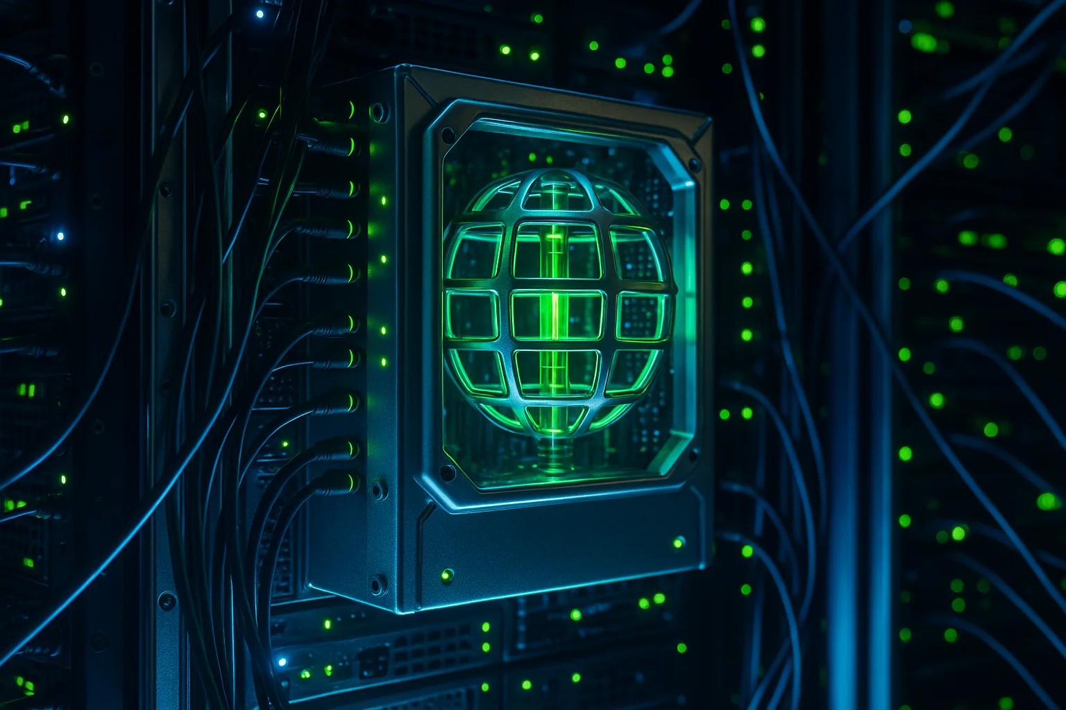 Glowing globe icon surrounded by server cables