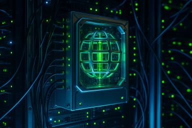 Glowing globe icon surrounded by server cables