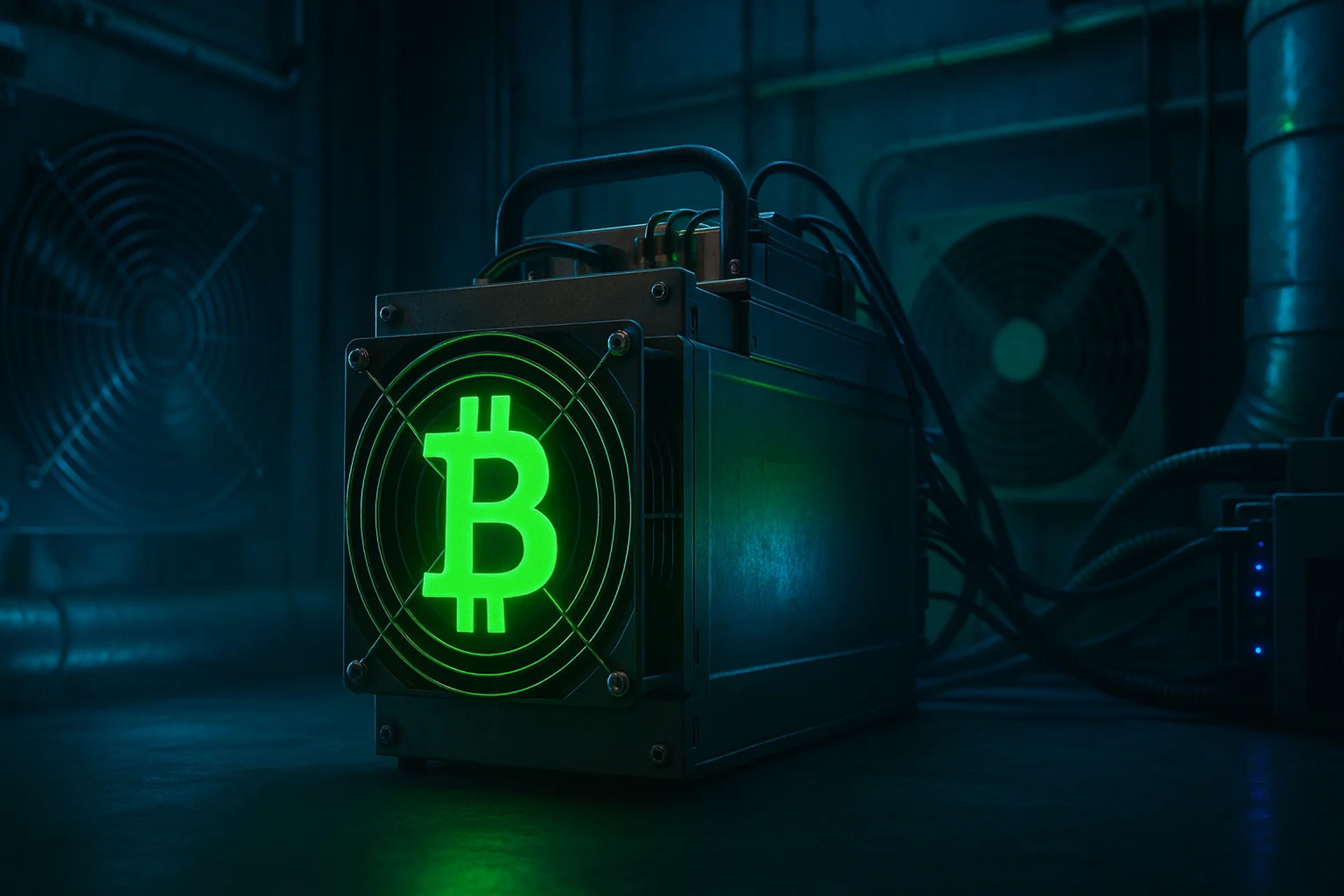 A Bitcoin mining machine with a glowing green logo