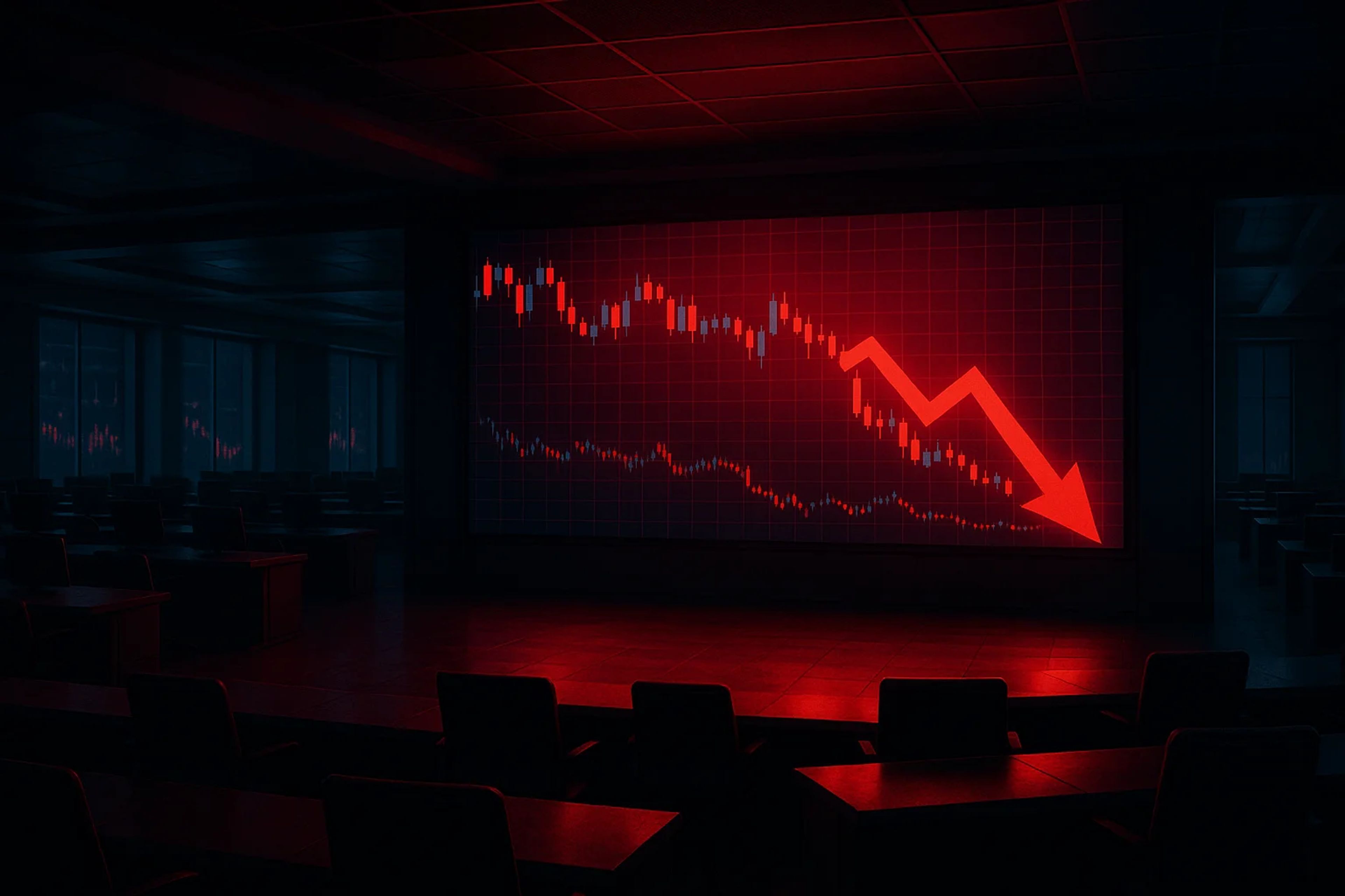 Dimly lit room with a large red downward graph