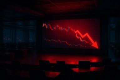 Dimly lit room with a large red downward graph