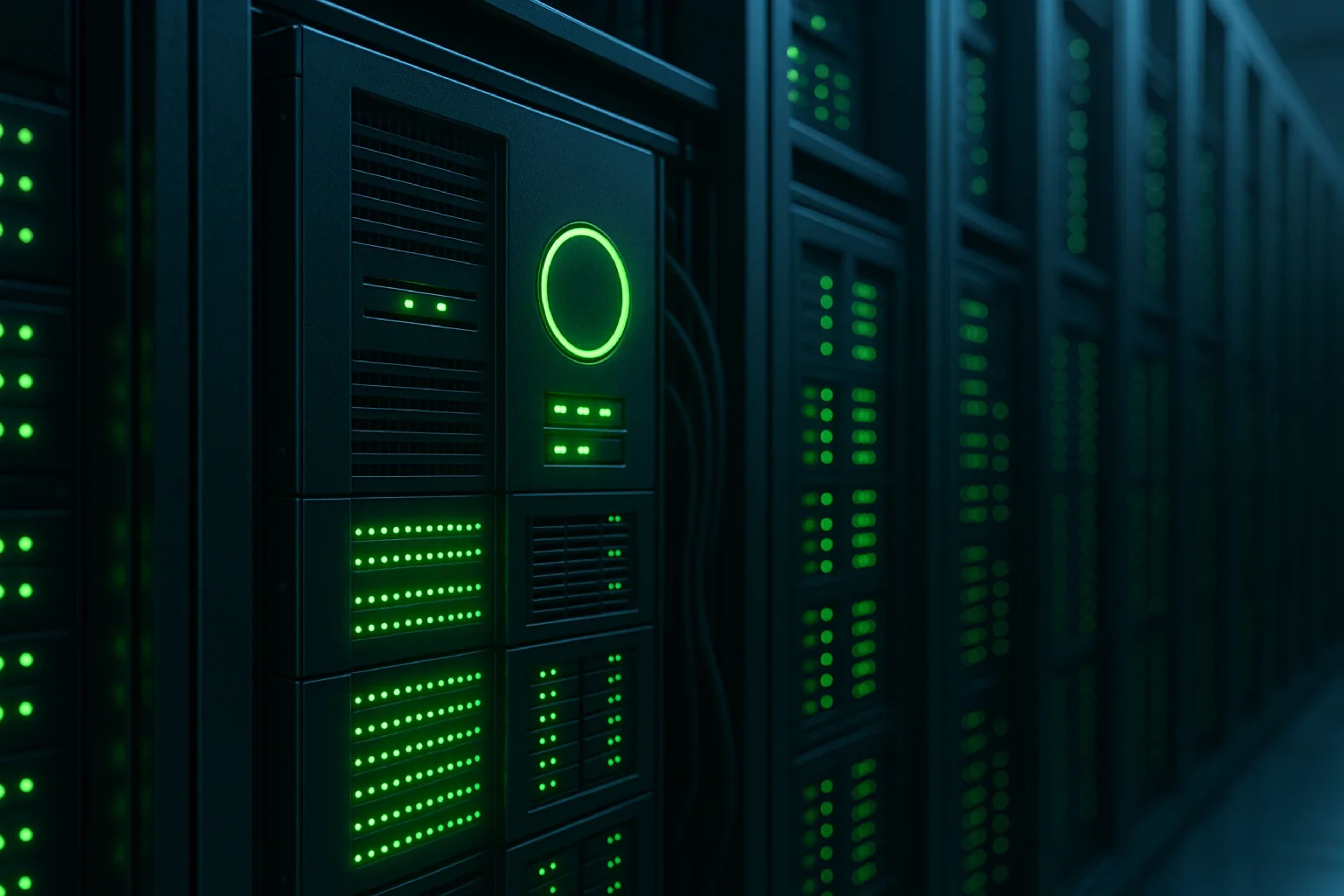 Rows of server racks with green indicator lights