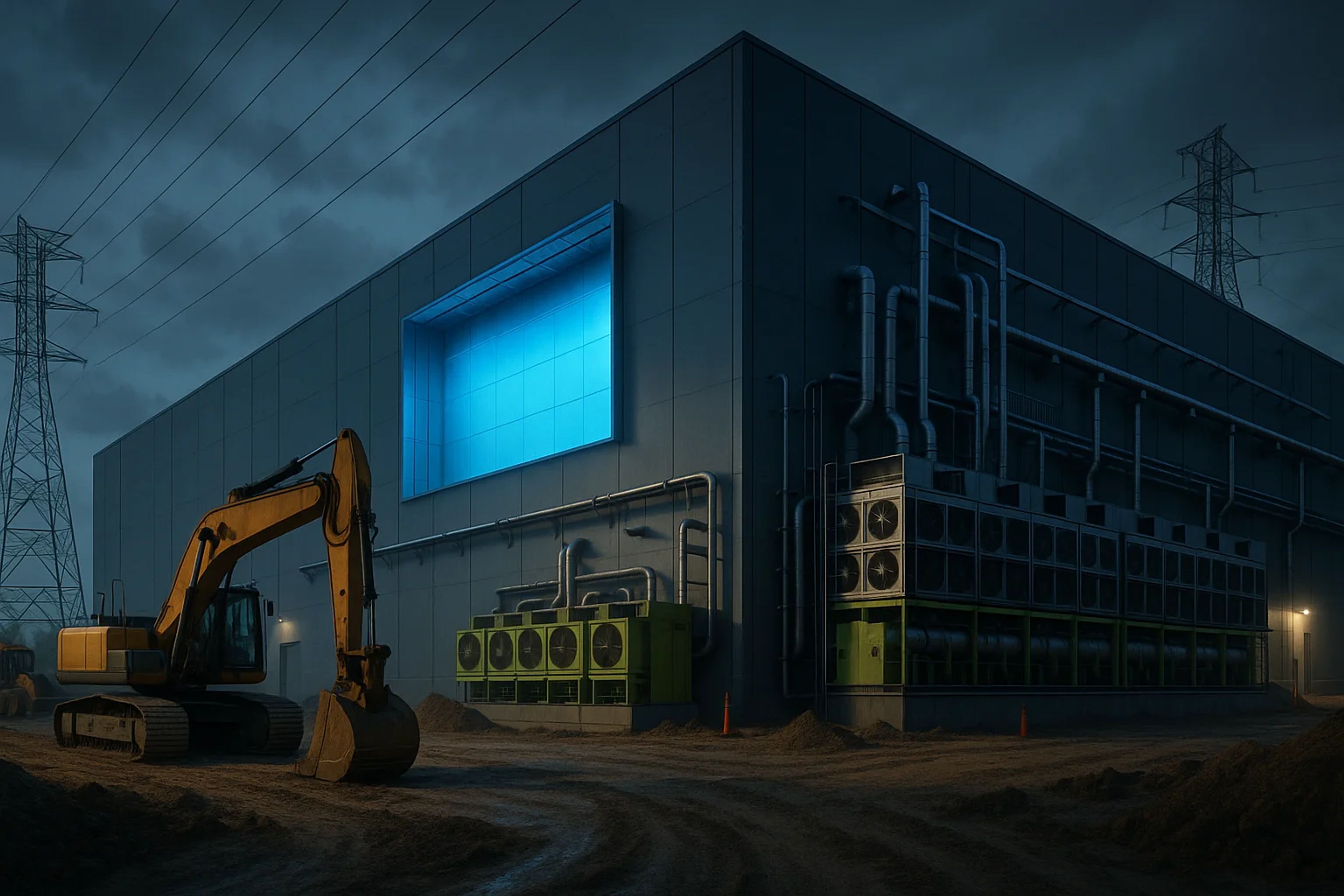 Industrial building at dusk with machinery and