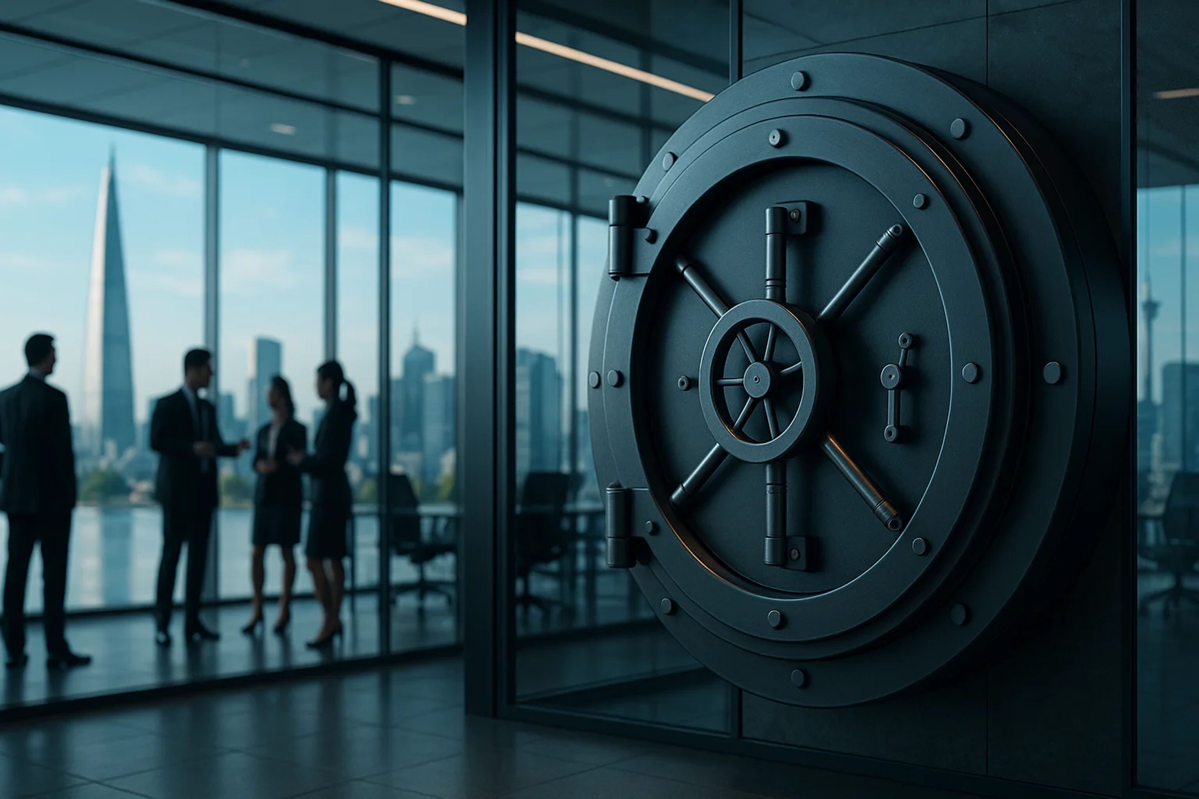 A large vault door in a modern office with city