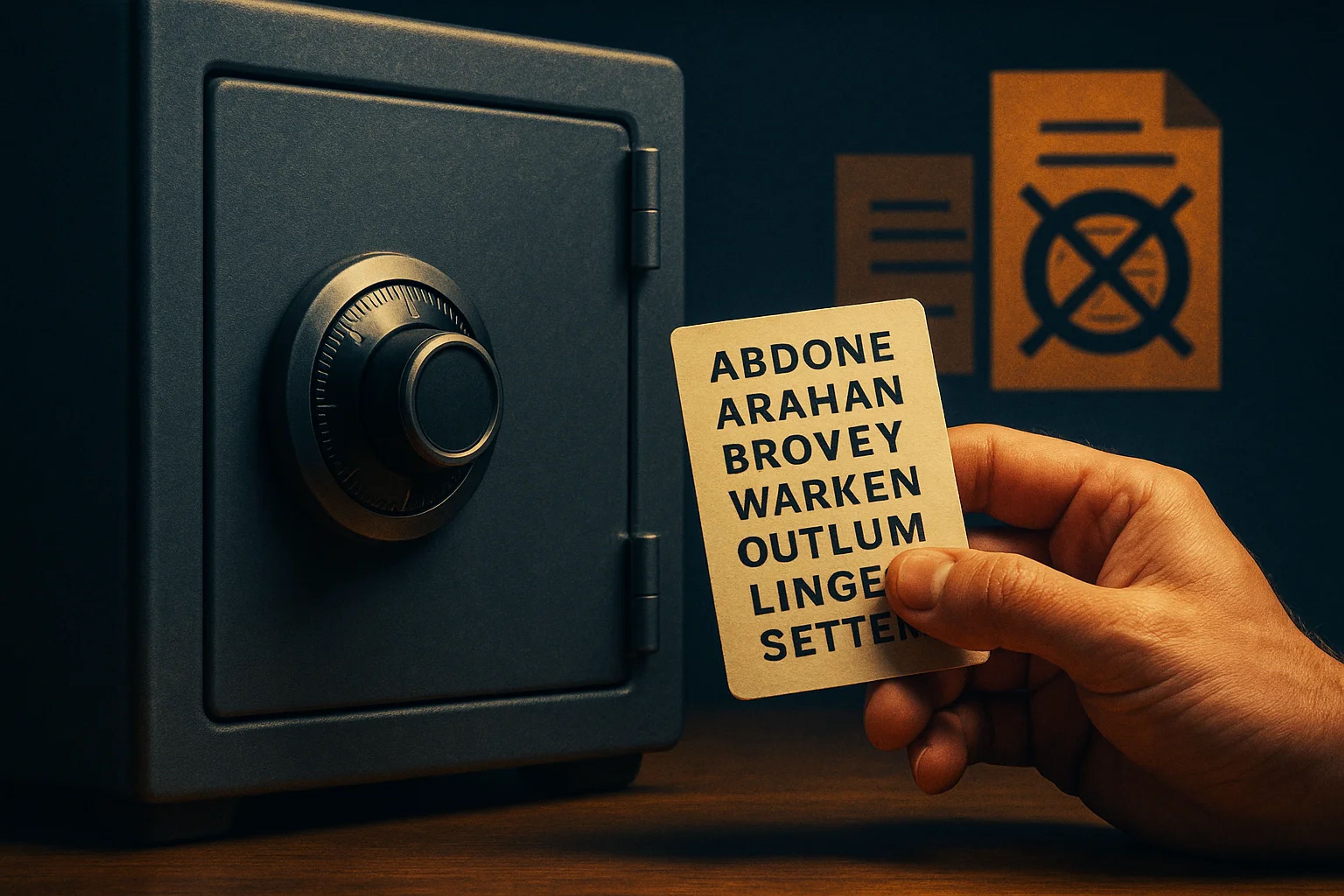 A hand holding a card near a safe