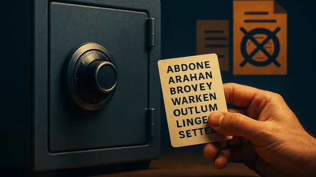 A hand holding a card near a safe