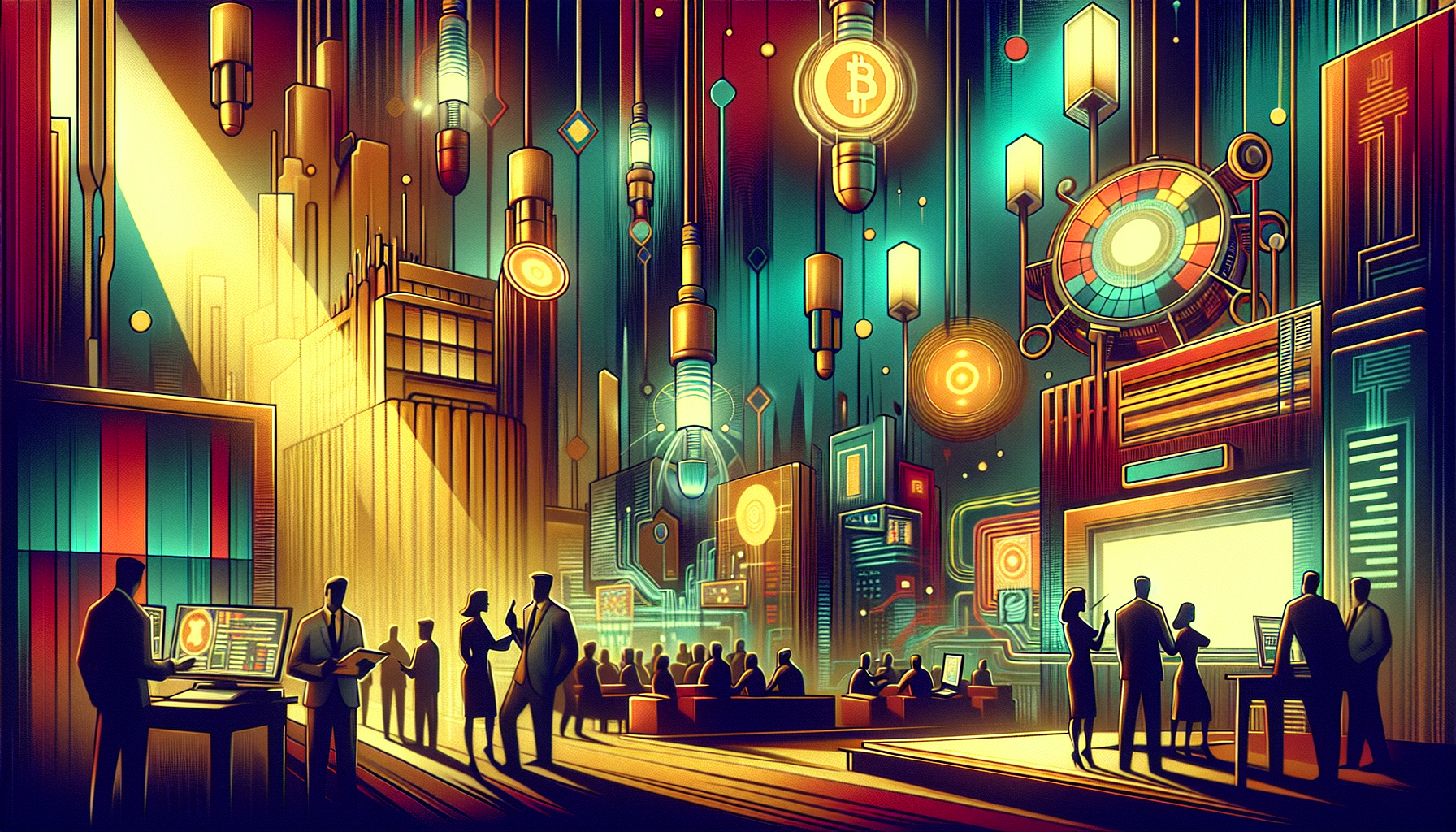 A vibrant, futuristic conference scene with