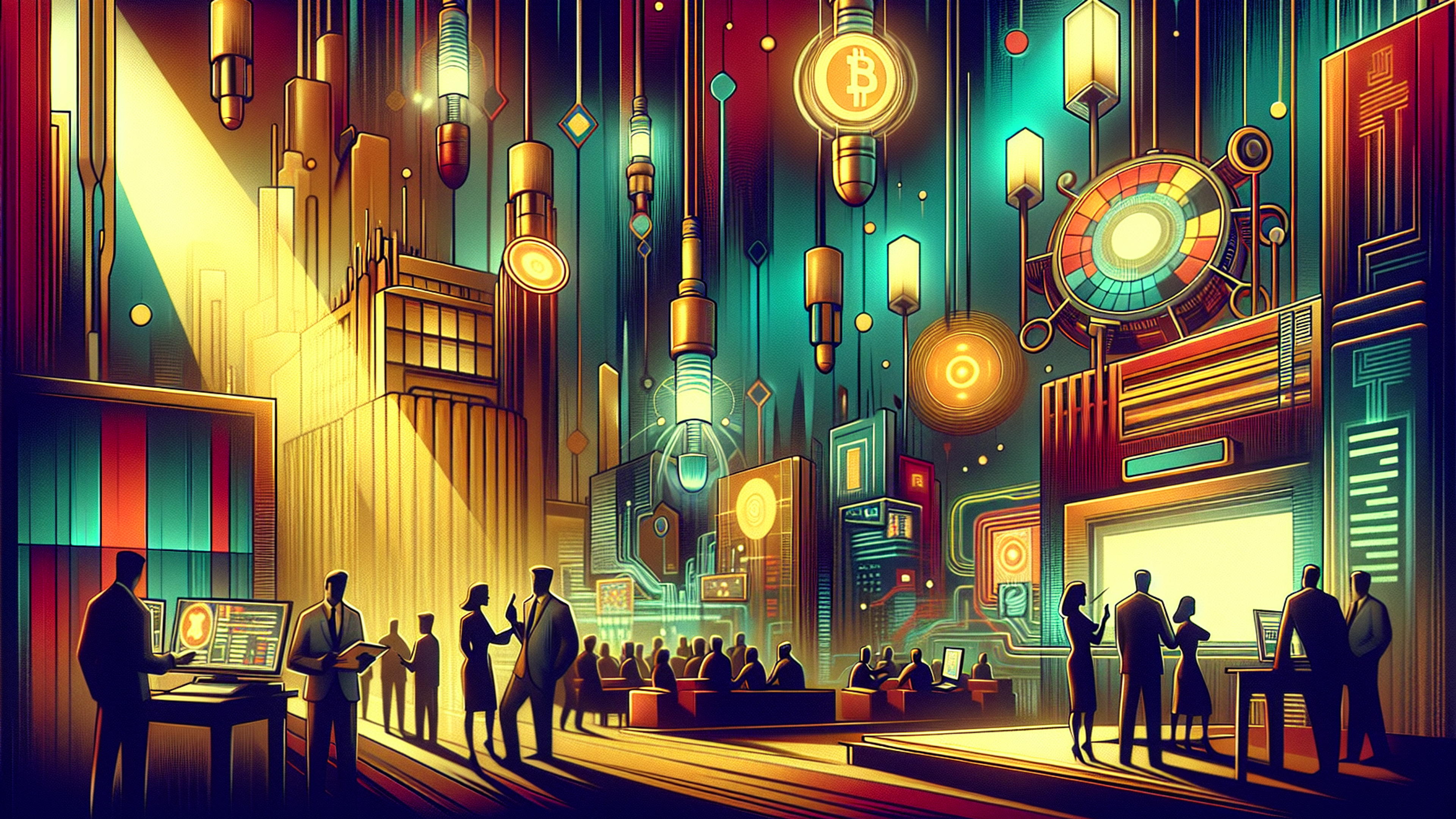 A vibrant, futuristic conference scene with