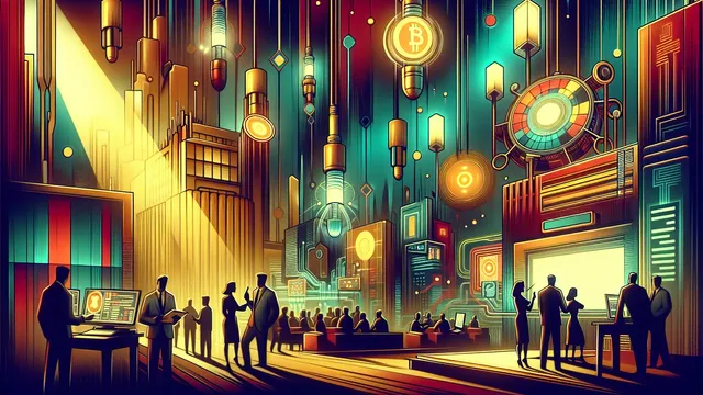 A vibrant, futuristic conference scene with