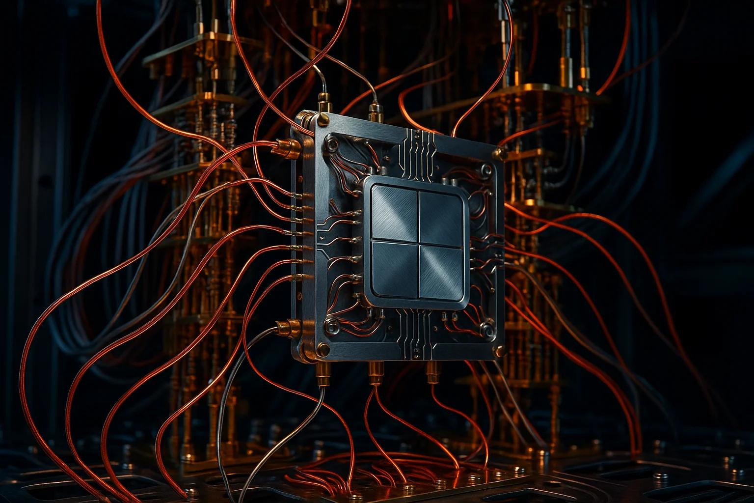 A close-up of a complex computer chip with