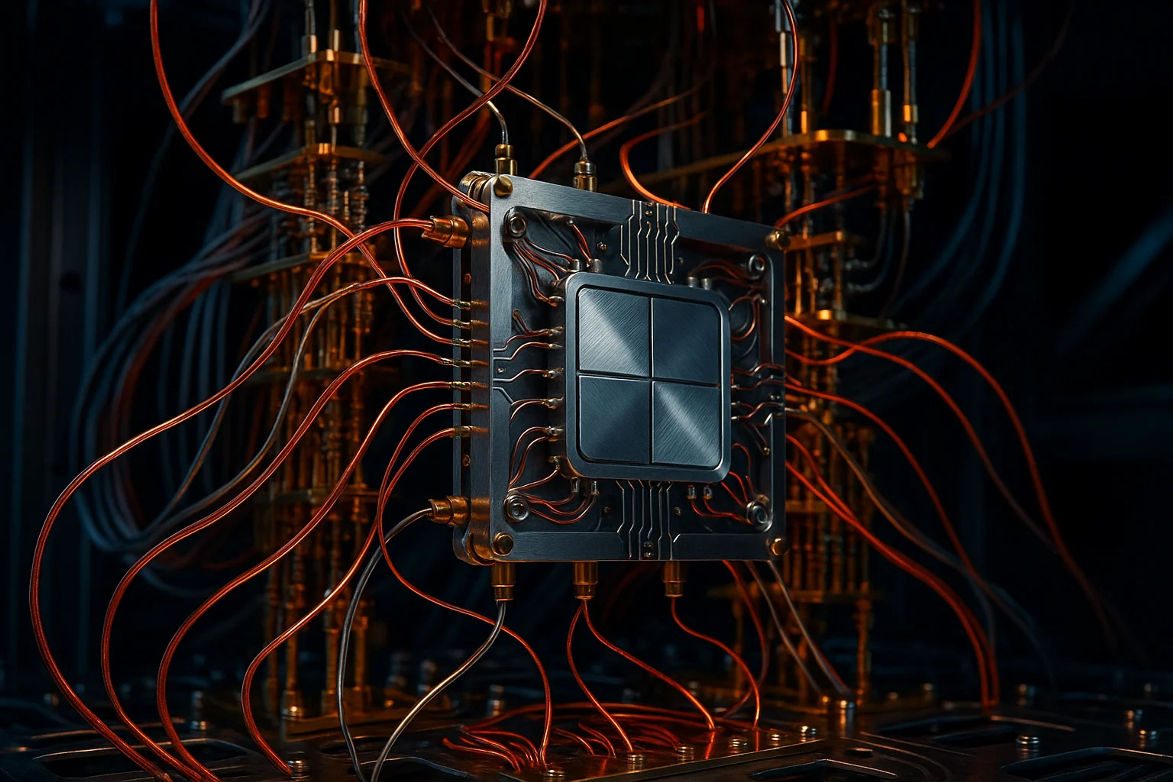A close-up of a complex computer chip with