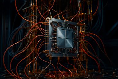 A close-up of a complex computer chip with