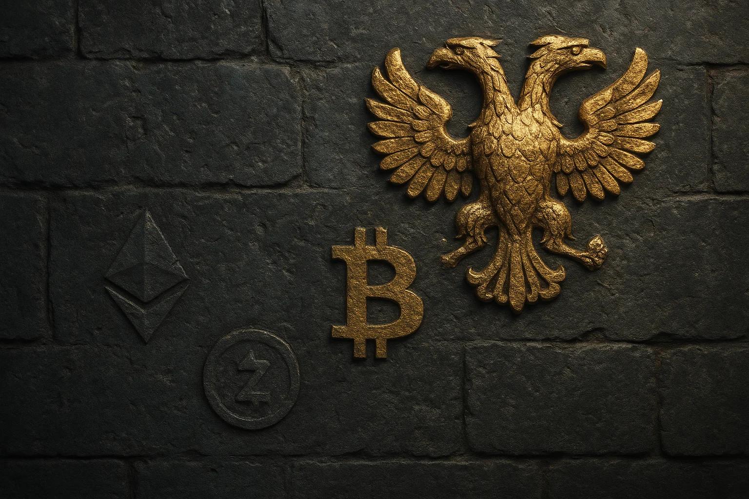 Golden double-headed eagle emblem on stone wall