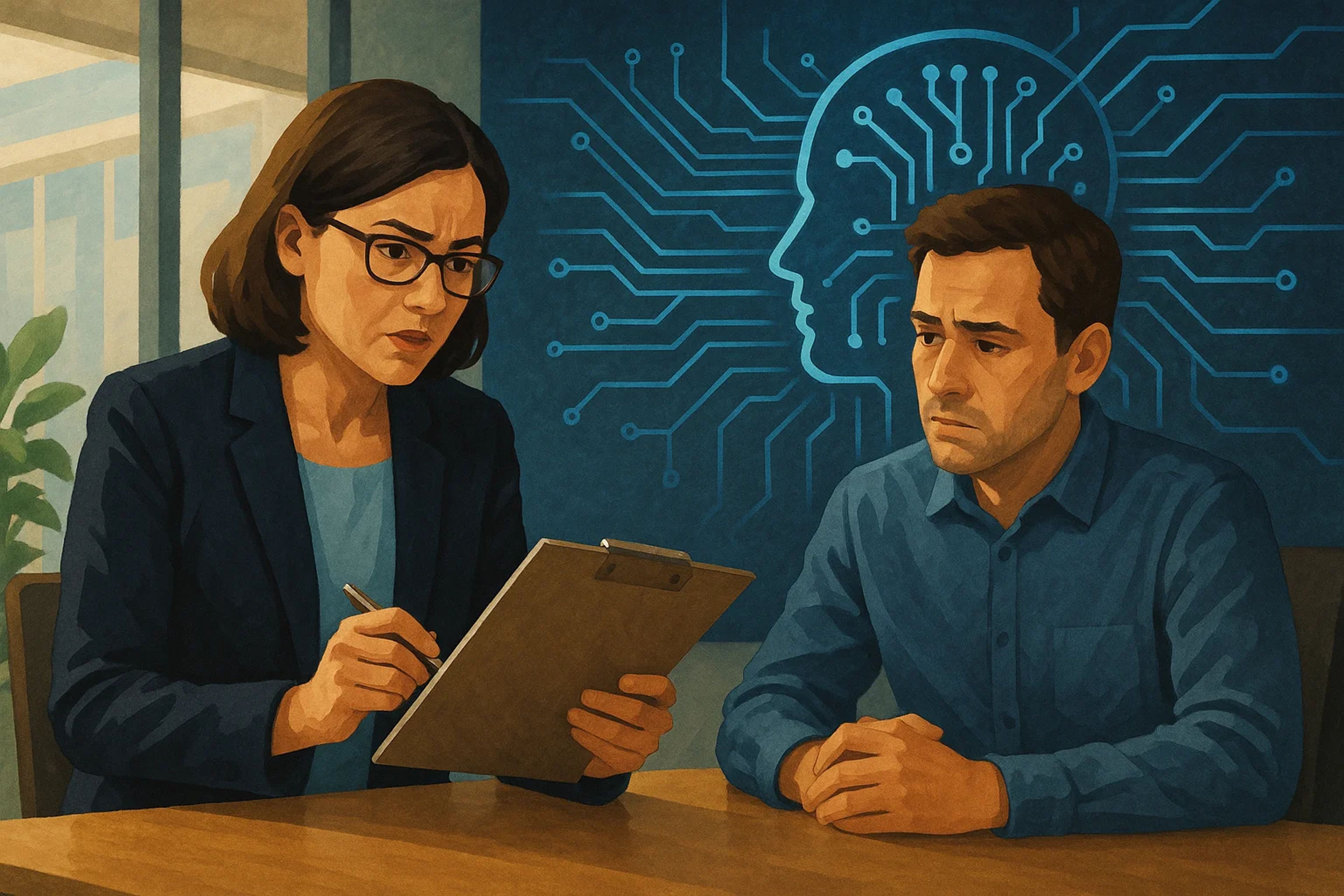A woman in glasses takes notes while a man looks