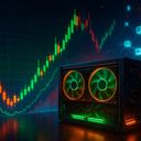 A computer graphics card with glowing fans in