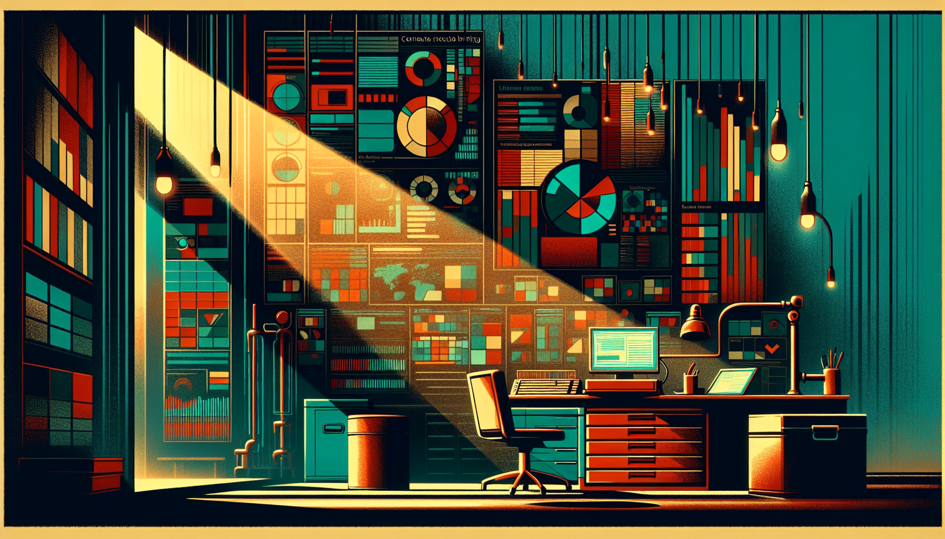 A dimly lit office with a desk, computer, and