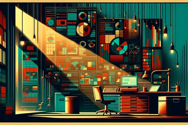 A dimly lit office with a desk, computer, and