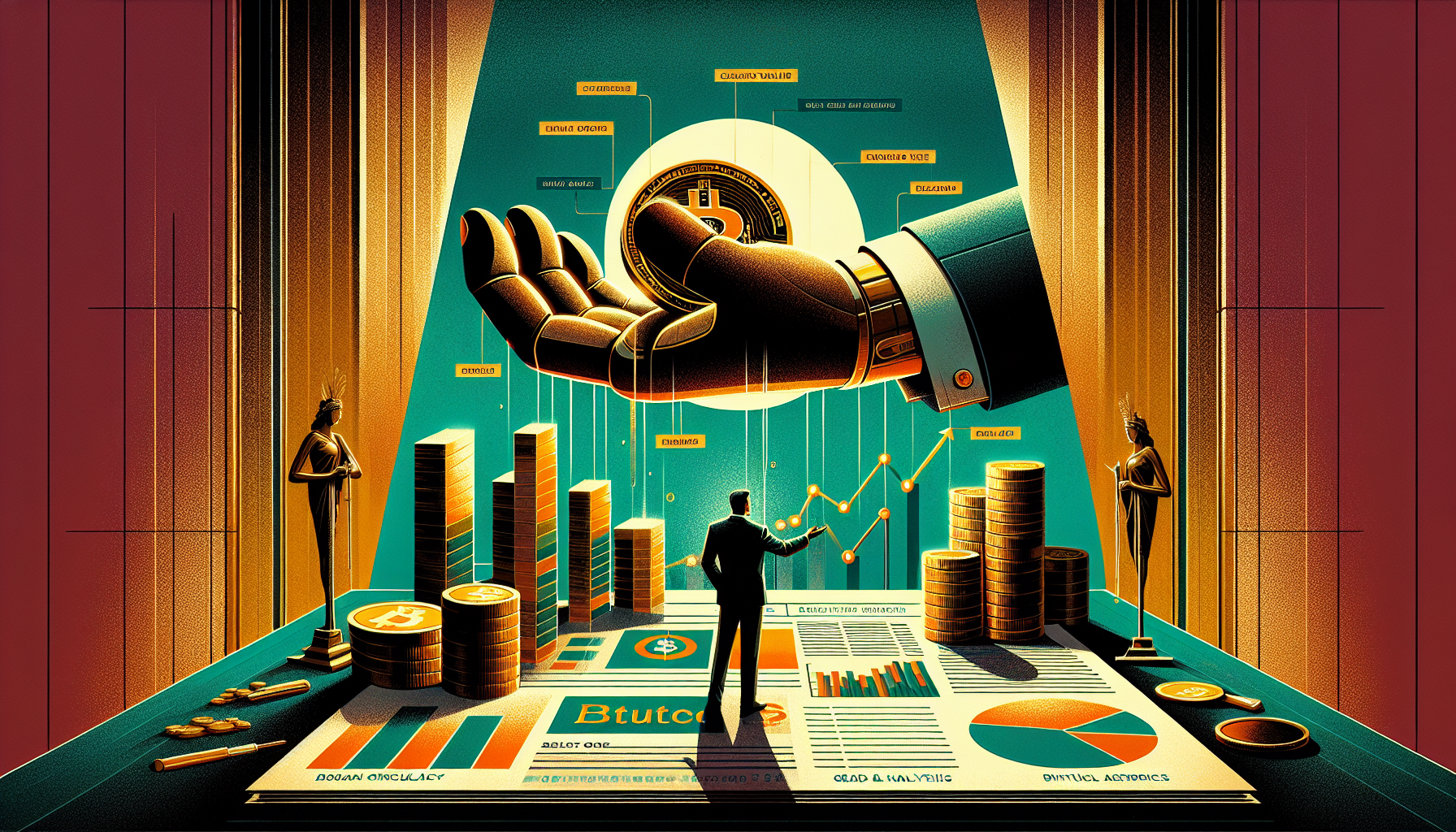 A large hand holds a coin above a figure standing