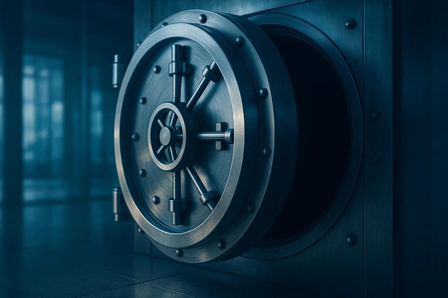 A large, metallic vault door partially open