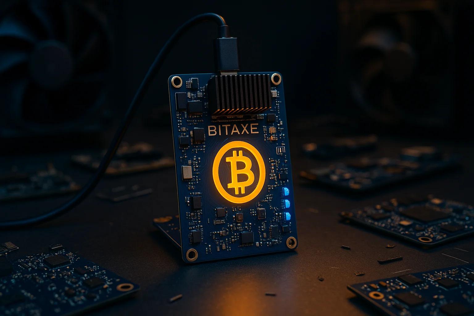 A circuit board with a glowing Bitcoin symbol