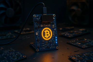 A circuit board with a glowing Bitcoin symbol