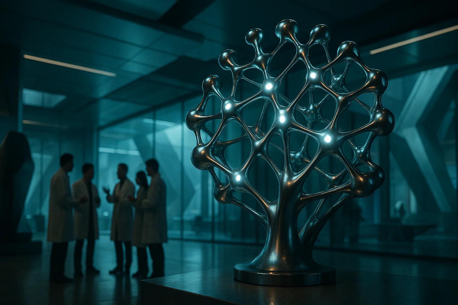 A metallic tree sculpture with glowing nodes, in