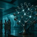 A metallic tree sculpture with glowing nodes, in